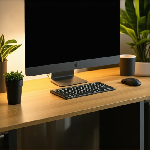 Biophilic and Smart Lighting Workspace A contemporary workspace featuring adjustable smart LED lighting, natural decorations, and ergonomic accessories