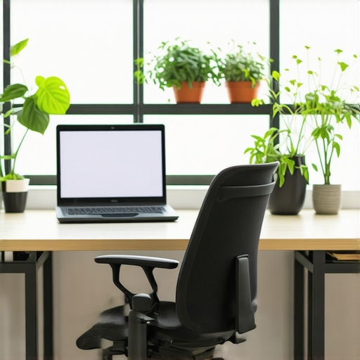 A modern ergonomic office with adjustable furniture and accessories