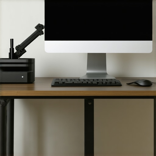 Innovative ergonomic workspace setup 2024 Modern ergonomic office with adjustable monitor and smart lighting