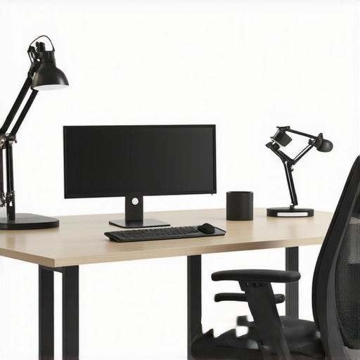 A sleek, organized ergonomic workspace featuring adjustable monitors, smart lighting, and minimal clutter