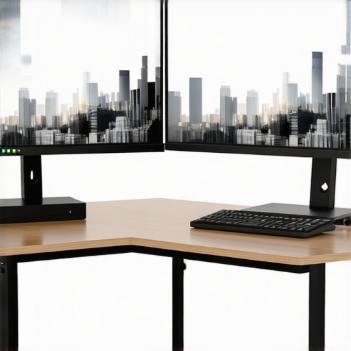 Office workspace with dual monitors, USB-C dock, and adjustable lighting