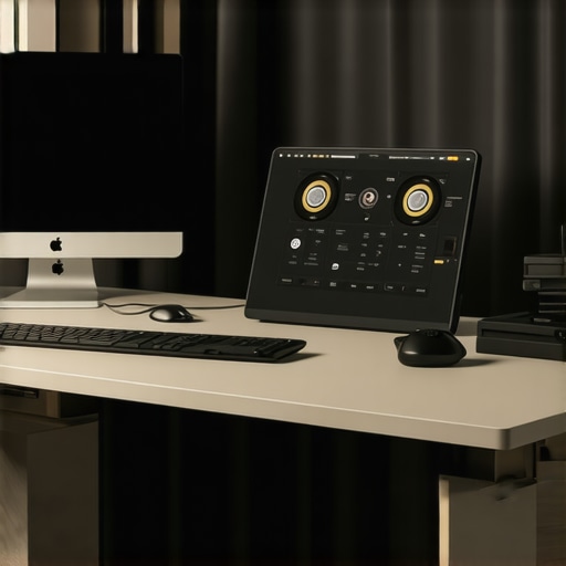 Modern ergonomic workspace with advanced lighting and connectivity A stylish, organized office desk with adjustable lighting and multiple connected devices