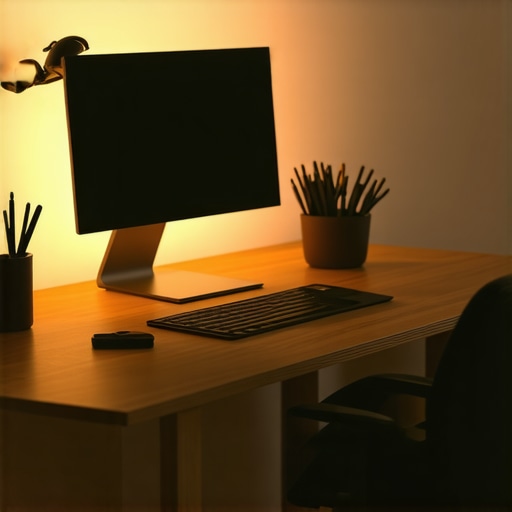 A sleek modern desk setup featuring adjustable lighting and ergonomic accessories