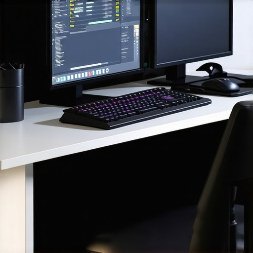 Ergonomic workspace with adjustable accessories, LED lighting, and tech setup