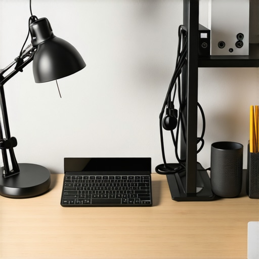 Ergonomic office setup with lighting and organized accessories