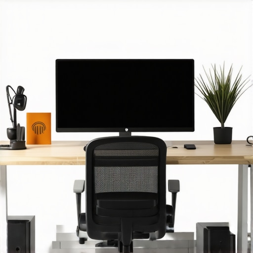 A well-organized ergonomic workspace showing monitor, adjustable lighting, and ergonomic accessories
