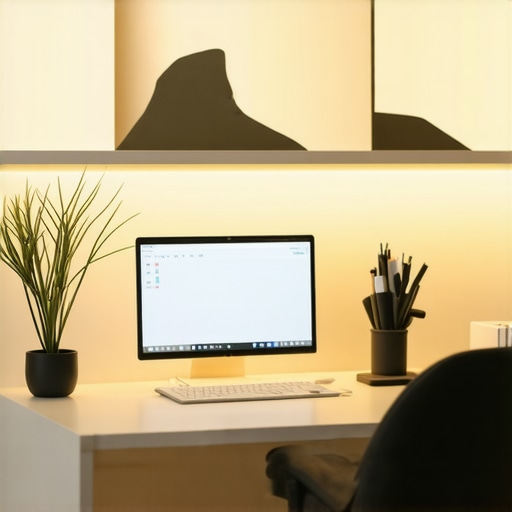 A sleek, organized workspace featuring ergonomic furniture, smart lighting, and personal touches