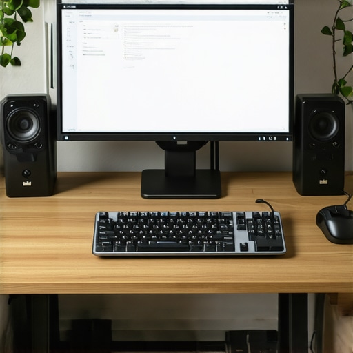 A sleek ergonomic workspace with adjustable monitor and accessories