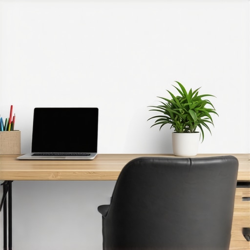 Smart Workspace with Adjustable Lighting A sleek, modern office desk with adjustable smart lighting and natural decor