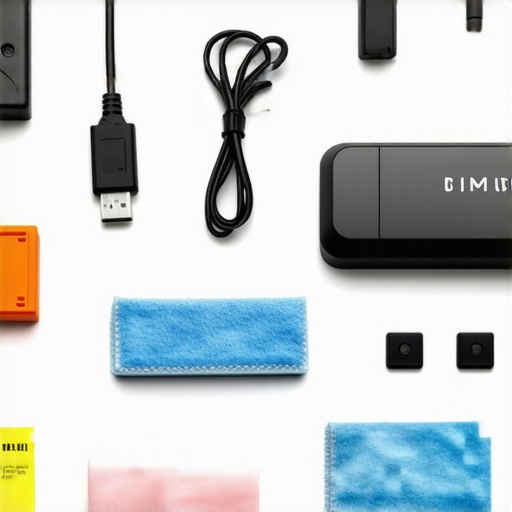 Organized workspace with cleaning and cable management tools for desk maintenance.