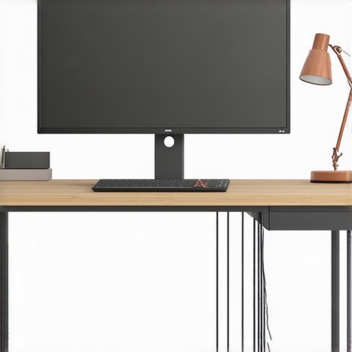 A clean, ergonomic desk with monitor, adjustable lamp, and cable organization