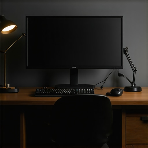 Modern ergonomic desk with adjustable monitor, lighting, and accessories