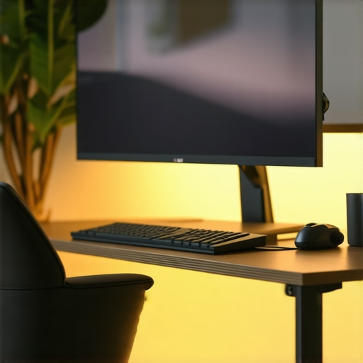 Modern ergonomic office with adjustable monitor, ergonomic accessories, and ambient lighting