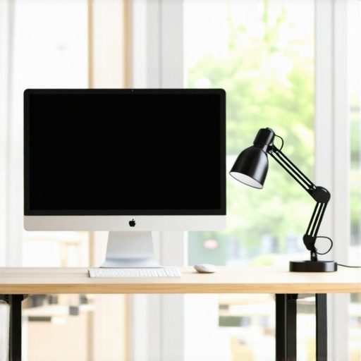 A modern workspace with a large monitor, adjustable lamp, and natural light