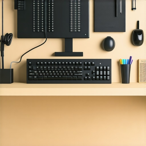 Organized desk with cable sleeves, cleaning spray, and ergonomic monitor stand