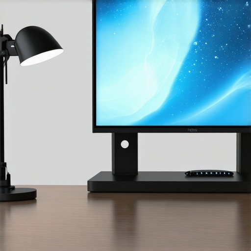 A clean, organized workspace featuring a bright desk lamp, dual monitors at eye level, and a USB-C dock with tidy cables.