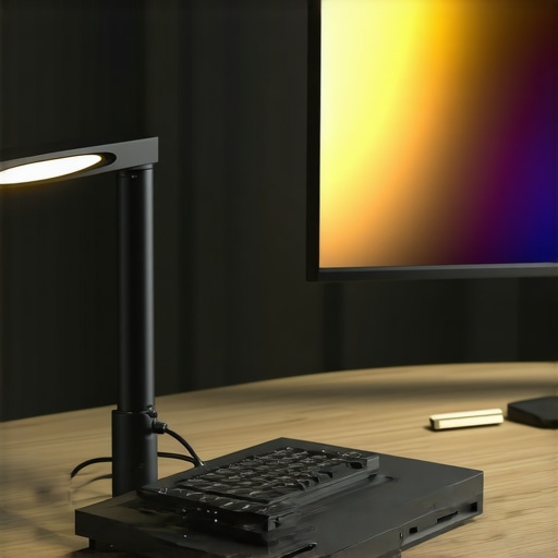 Desk setup with adjustable LED lamp and USB-C dock showing organized cables and peripherals.