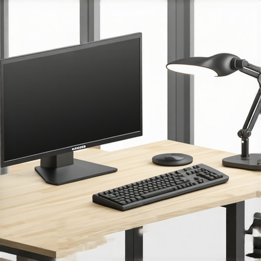 A clean, organized workspace featuring a large monitor, adjustable desk lamp, and USB-C dock under bright lighting