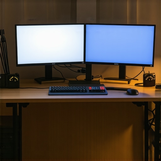 A sleek workspace with dual monitors, adjustable stand, ambient lighting, and cable management