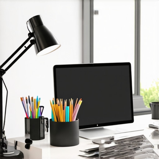 A sleek desk setup with ergonomic accessories, adjustable lamp, and organized workspace