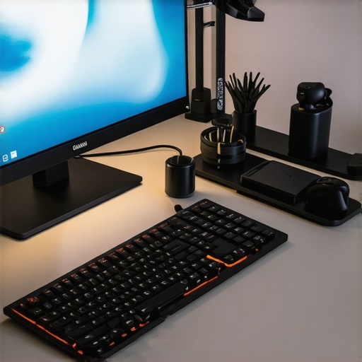 A tidy workspace featuring adjustable lighting, ergonomic monitor, USB-C dock, and organized accessories
