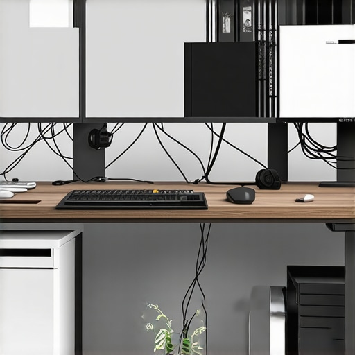 A tidy and ergonomic office desk with cable management and high-tech accessories.