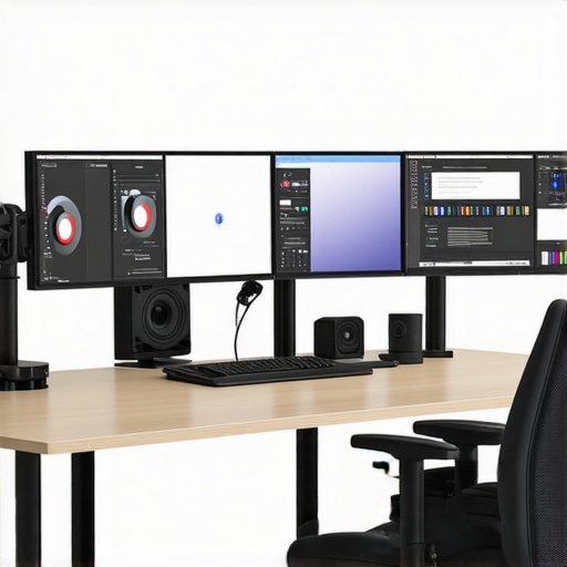 A clean, organized ergonomic desk with dual monitors, adjustable lighting, and seamless cable management.
