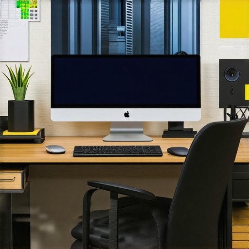 A well-organized ergonomic office desk with monitor, lighting, and accessories
