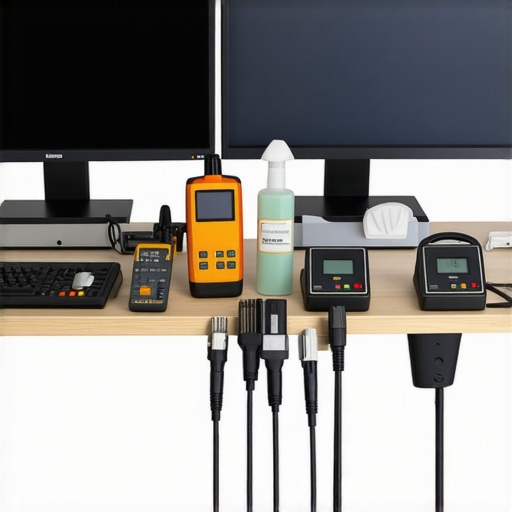 Tools like a monitor calibration device, cable tester, and cleaning supplies arranged on a tidy desk.