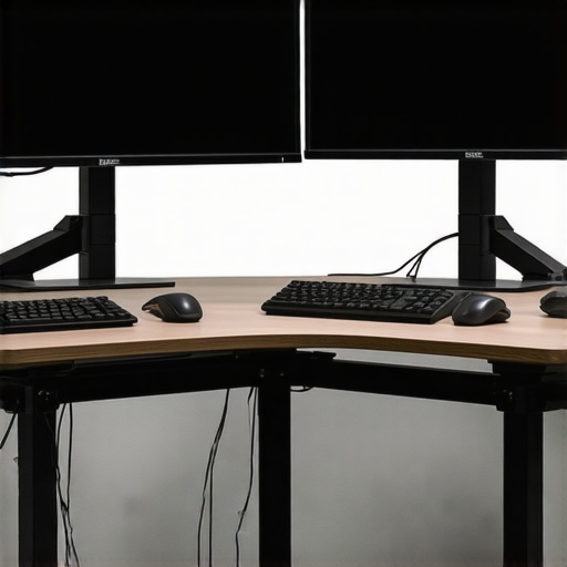 A clean and organized desk featuring dual monitors, cable management, and adjustable lighting
