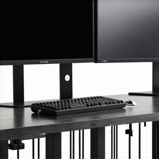 Clean desk with dual monitors, adjustable lighting, USB-C dock, and organized cables.