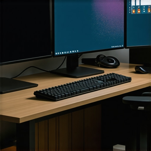 Desk setup showcasing monitors, USB-C dock, lighting, and cable management.