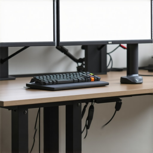 A clean, well-lit workspace featuring ergonomic accessories, monitors, and cable organization.