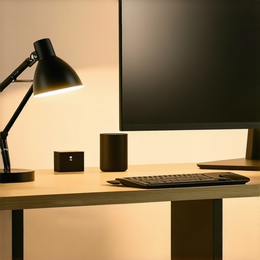 A sleek desk setup featuring adjustable lighting, monitor, and accessories for productivity.