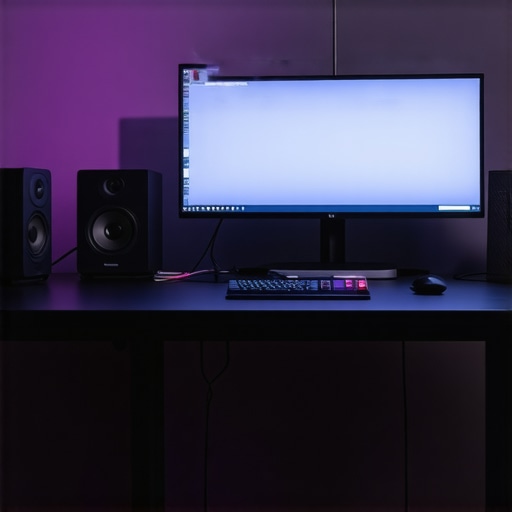 Organized and Maintained Desk Setup A clean, organized desk with high-quality monitor calibration tools, neatly arranged cables, and ergonomic accessories, demonstrating long-term maintenance.