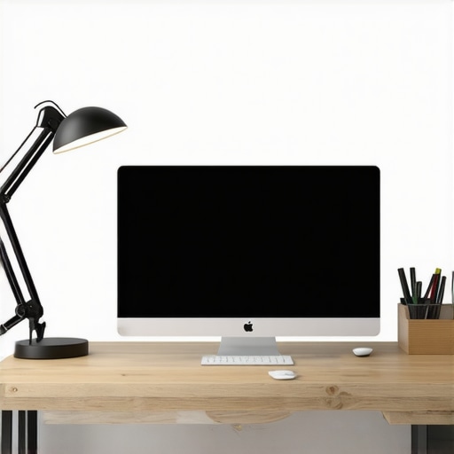 Proper Desk Lighting Setup A well-lit modern office desk with adjustable LED lamp illuminating workspace