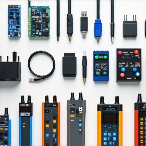 A clean desk with calibration tools, cable testers, and modular office accessories.