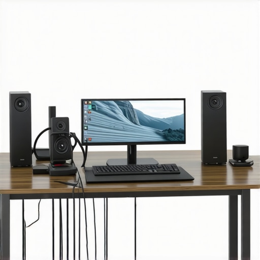 Clean Desk Setup with Wireless Charger and Cable Management A minimalist desk with neatly arranged cables, wireless charging pad, and organized workspace