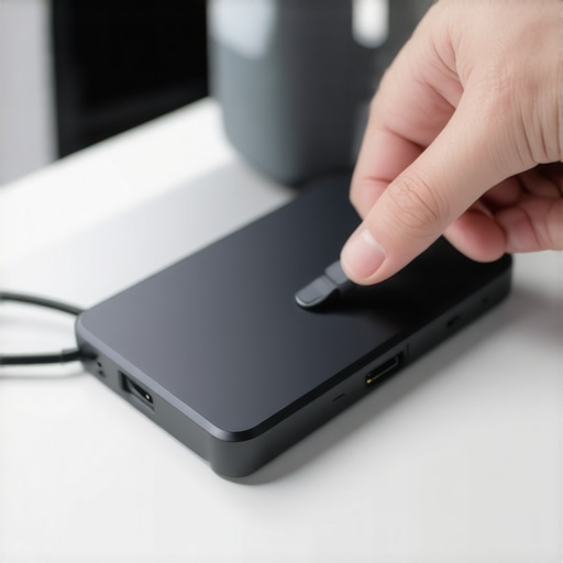 Person using compressed air to clean USB-C dock port in a sleek office environment