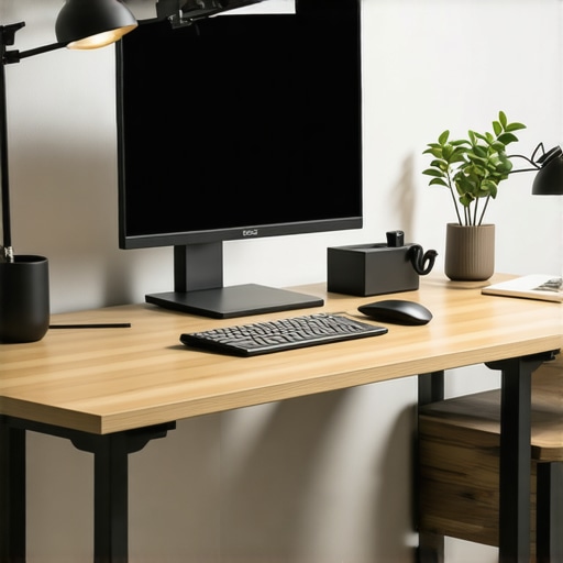 A well-organized ergonomic office desk with adjustable monitor, bright LED lighting, and clutter-free accessories