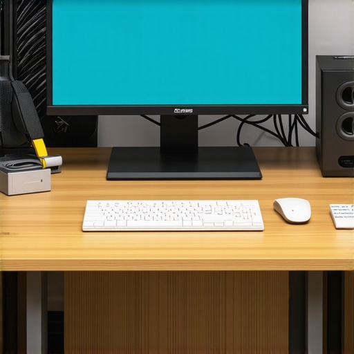 Optimized Desk Setup with Maintenance Tools A neat workspace featuring ergonomic accessories, calibration tools, and cable management for long-term productivity.
