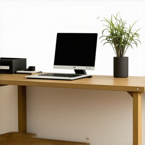 A workspace featuring a wooden desk, balanced lighting, and ergonomic accessories to reduce eye strain.