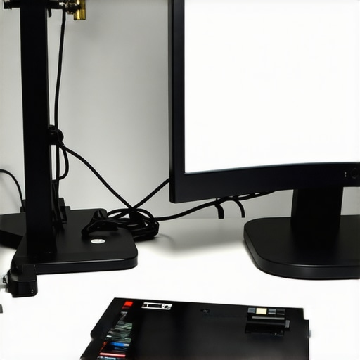 A tidy workspace featuring cable management, monitor calibration device, and adjustable desk lighting