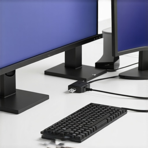Technician inspecting and cleaning a desk setup with high-tech equipment for maintenance