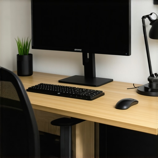 A professional workspace illustrating ergonomic monitor stands and high-CRI lighting for optimal productivity