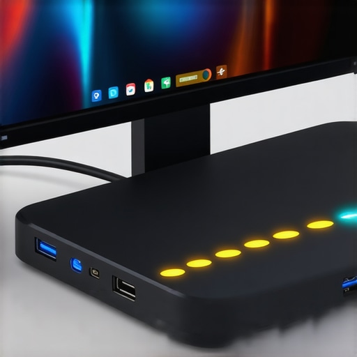 A sleek USB-C docking station connected to dual 6K monitors showing vibrant displays