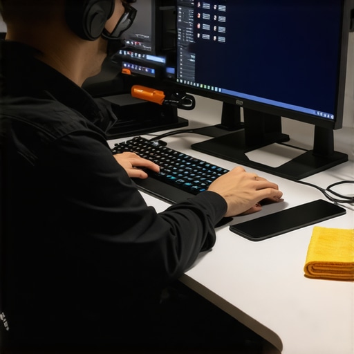 A person using cleaning tools to care for office equipment including monitors and docks