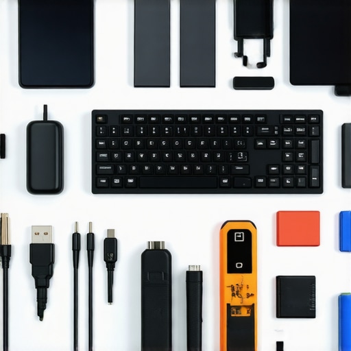 A tidy office desk with calibration device, cable sleeves, and monitor setup, showcasing maintenance tools.
