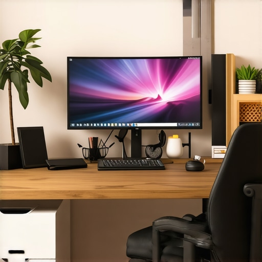 A clean, ergonomic office workspace with high-resolution monitor, adjustable lighting, and tidy accessories