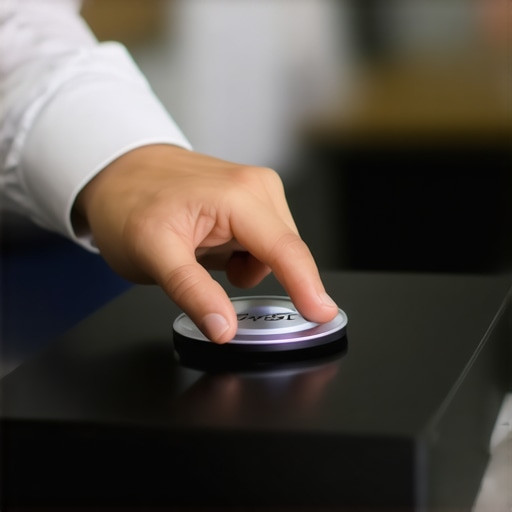 Person pressing the reset button on a standing desk control panel.